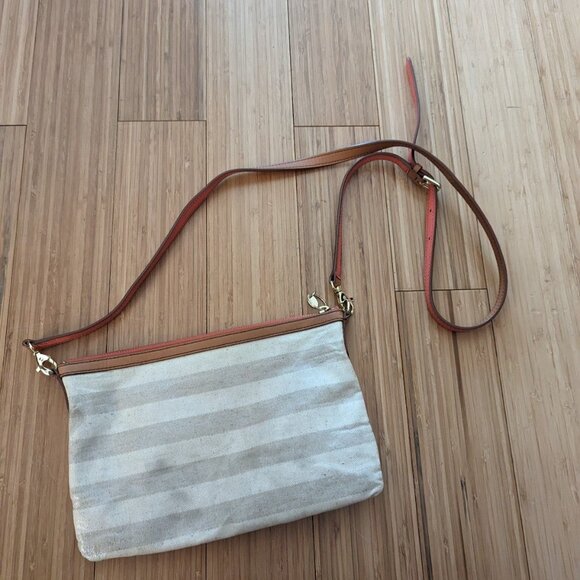 Fossil Handbags - Fossil beige striped explorer crossbody purse. Beige brown and orange.